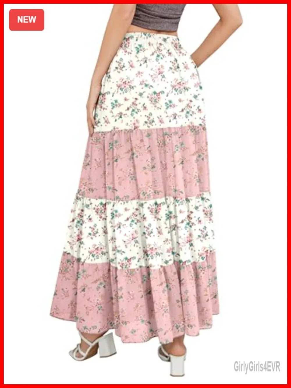 Women's Floral Chiffon Patchwork Boho Maxi Skirt High Waist Double Layer